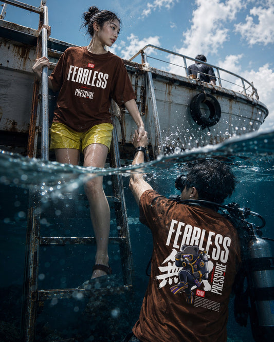 Fearless Pressure scuba diver graphic T-Shirt | Japanese kanji streetwear (Dark Colour)