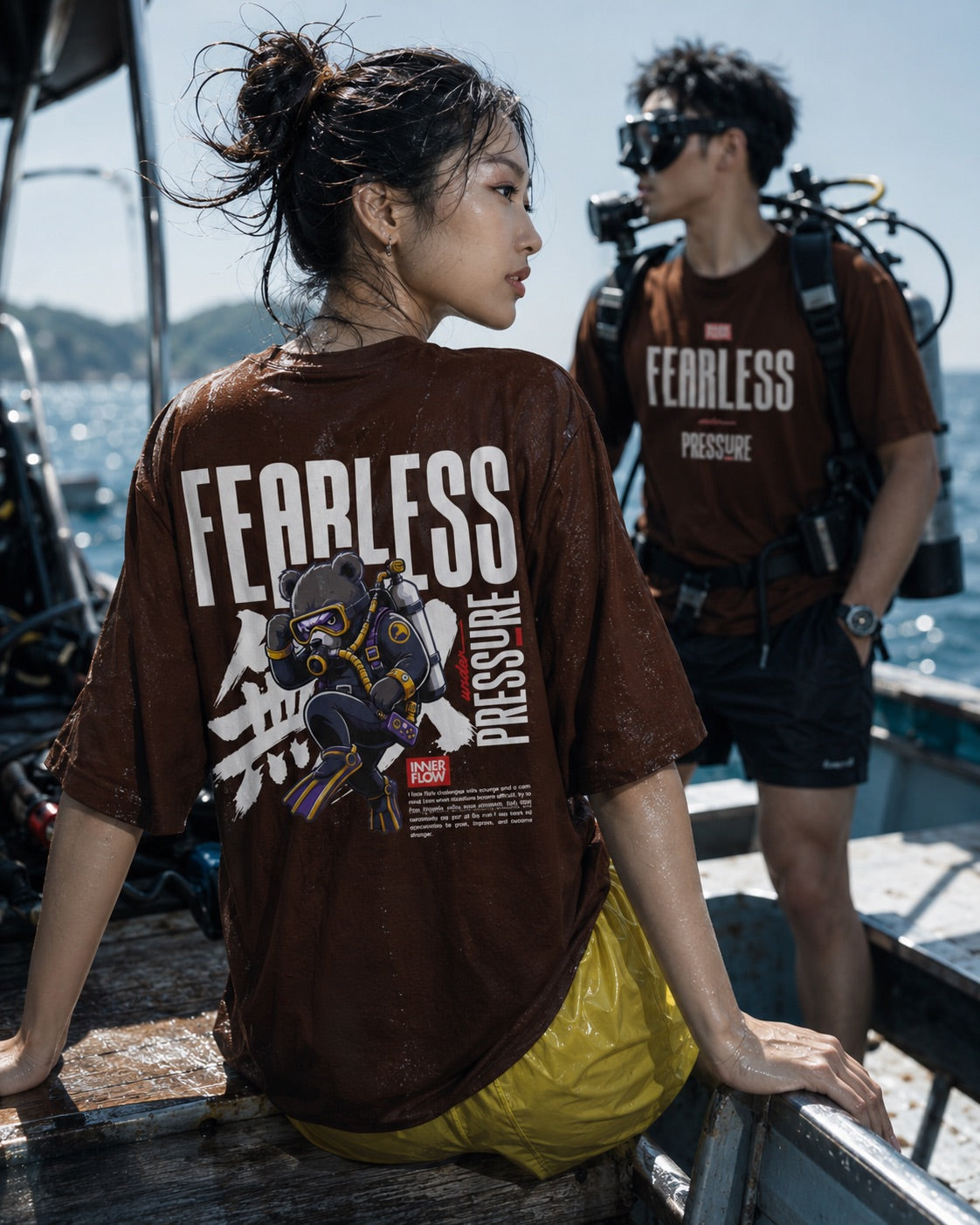 Fearless Pressure scuba diver graphic T-Shirt | Japanese kanji streetwear (Dark Colour)