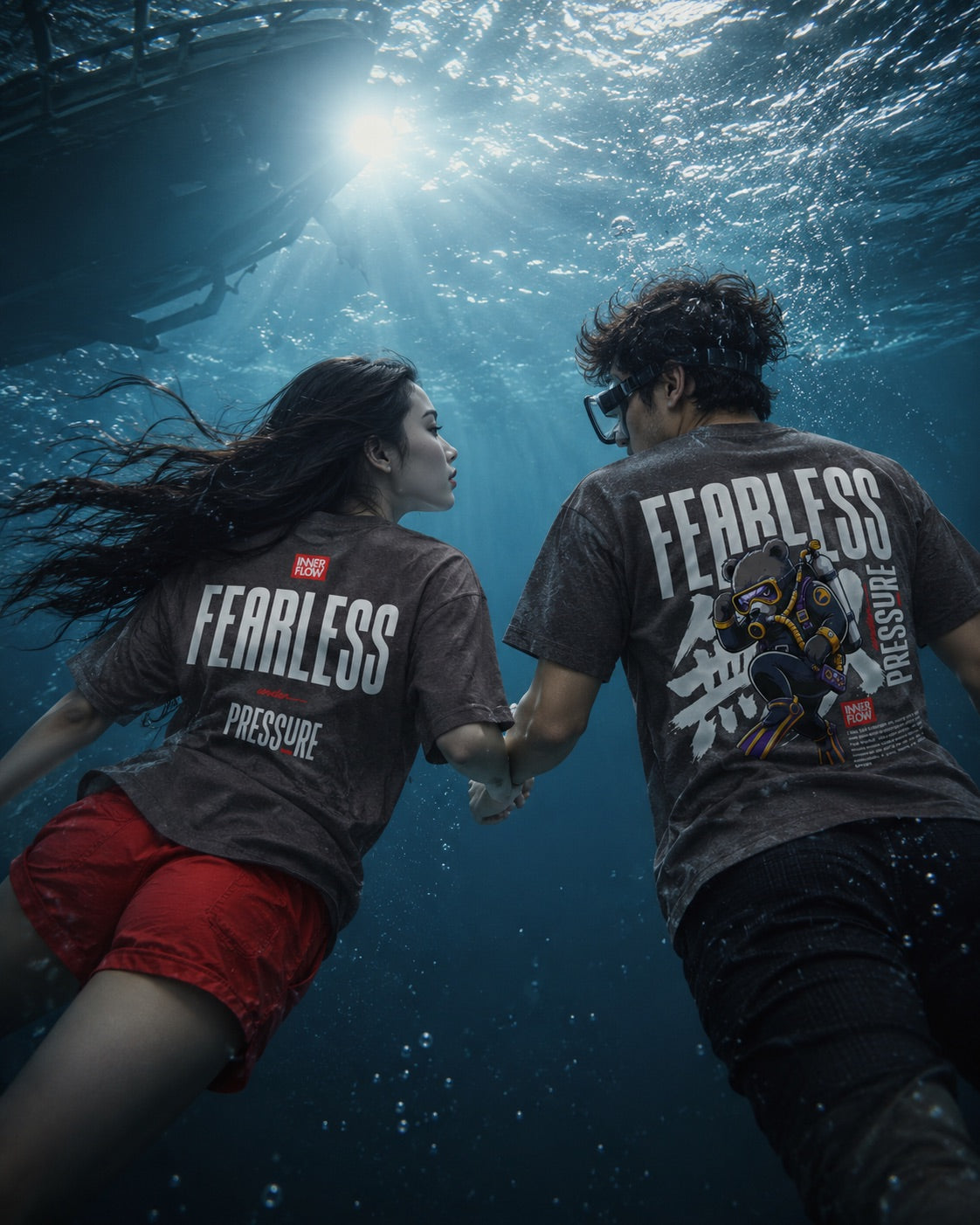 Fearless Pressure scuba diver graphic T-Shirt | Japanese kanji streetwear (Dark Colour)