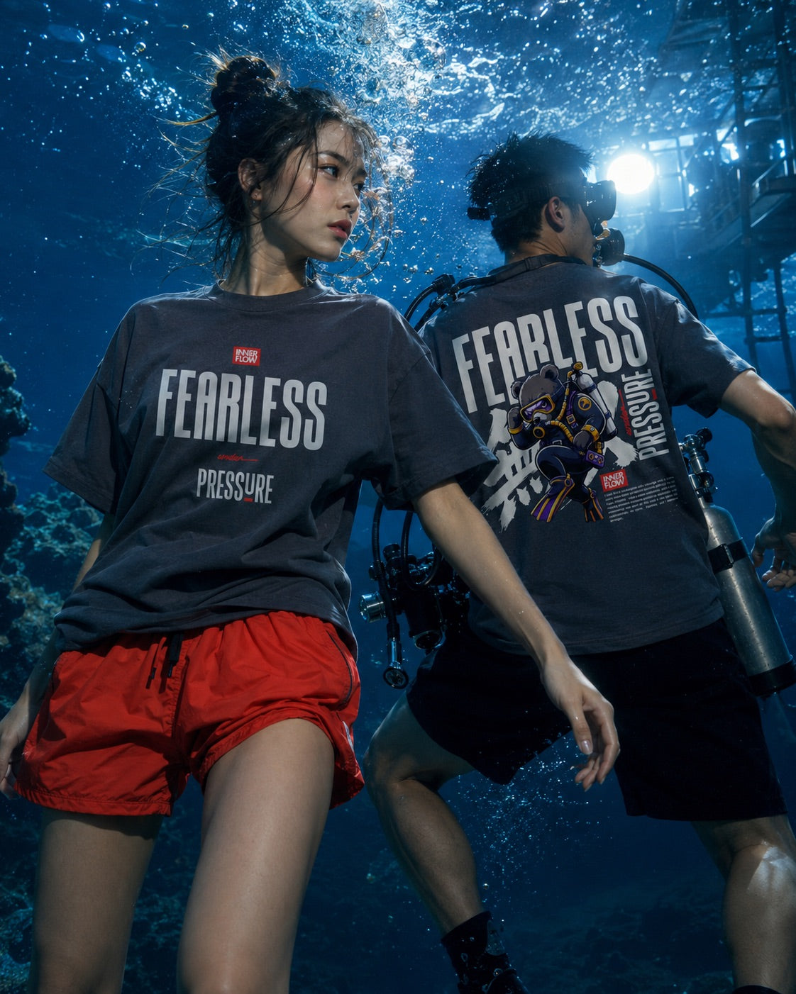 Fearless Pressure scuba diver graphic T-Shirt | Japanese kanji streetwear (Dark Colour)