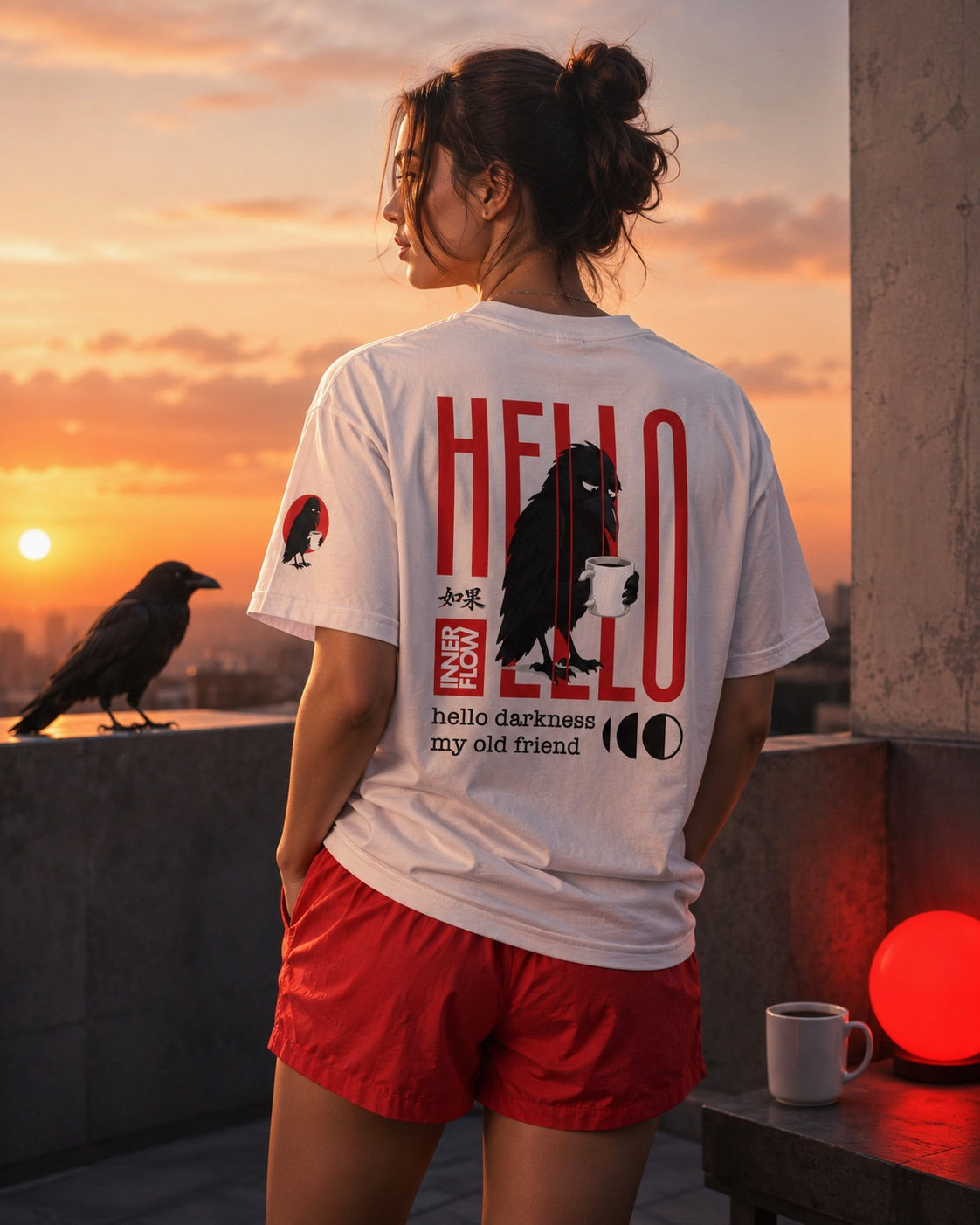 Hello Darkness Crow T-Shirt | Inner Flow Graphic Tee, Gothic Coffee Design