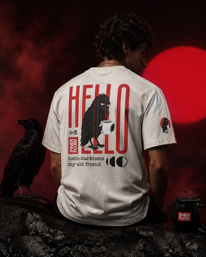 Hello Darkness Crow T-Shirt | Inner Flow Graphic Tee, Gothic Coffee Design