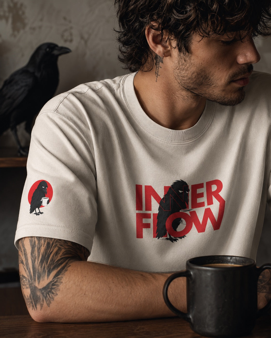 Hello Darkness Crow T-Shirt | Inner Flow Graphic Tee, Gothic Coffee Design