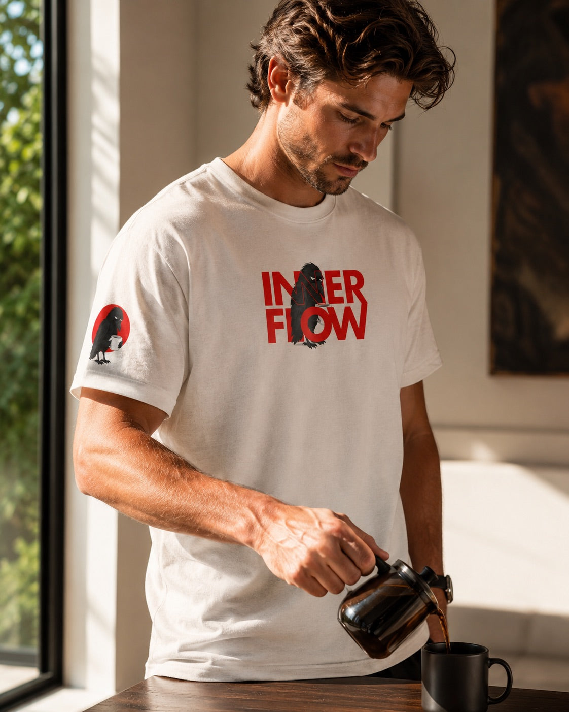 Hello Darkness Crow T-Shirt | Inner Flow Graphic Tee, Gothic Coffee Design