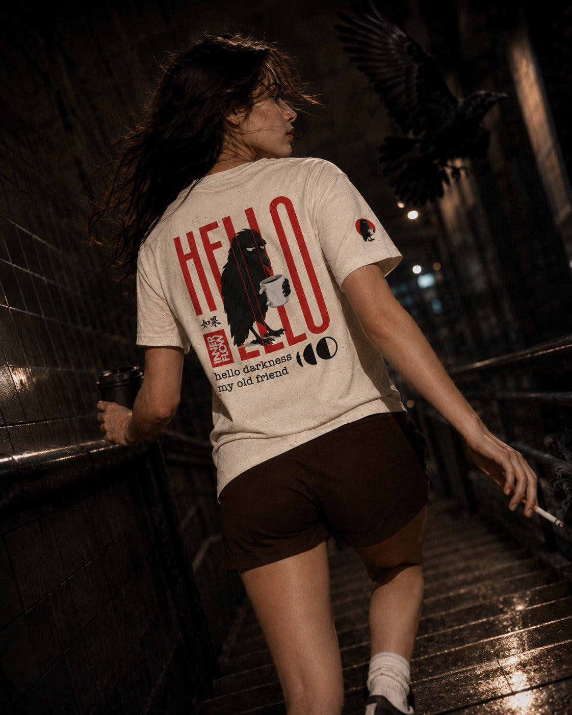 Hello Darkness Crow T-Shirt | Inner Flow Graphic Tee, Gothic Coffee Design