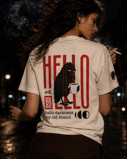 Hello Darkness Crow T-Shirt | Inner Flow Graphic Tee, Gothic Coffee Design