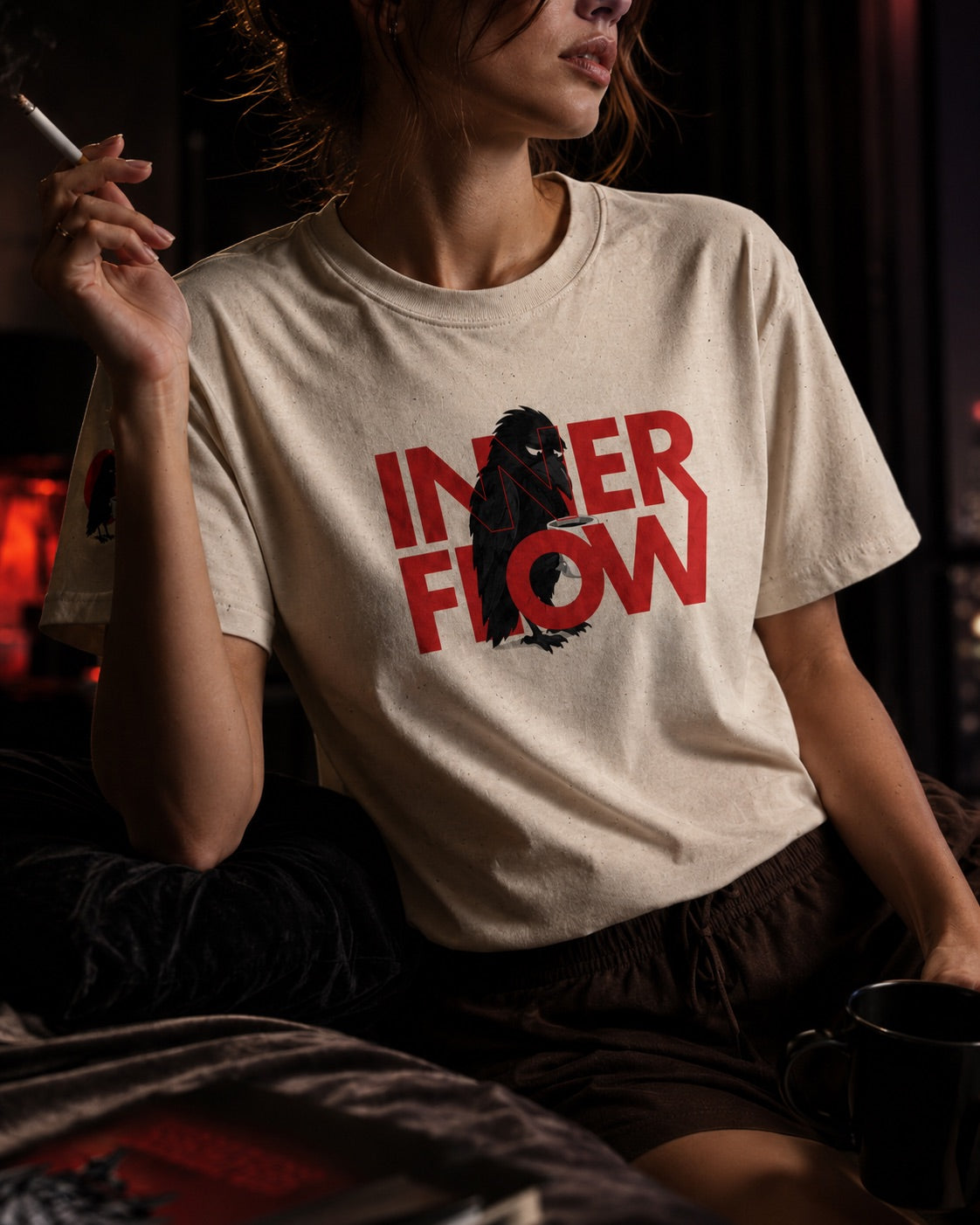 Hello Darkness Crow T-Shirt | Inner Flow Graphic Tee, Gothic Coffee Design