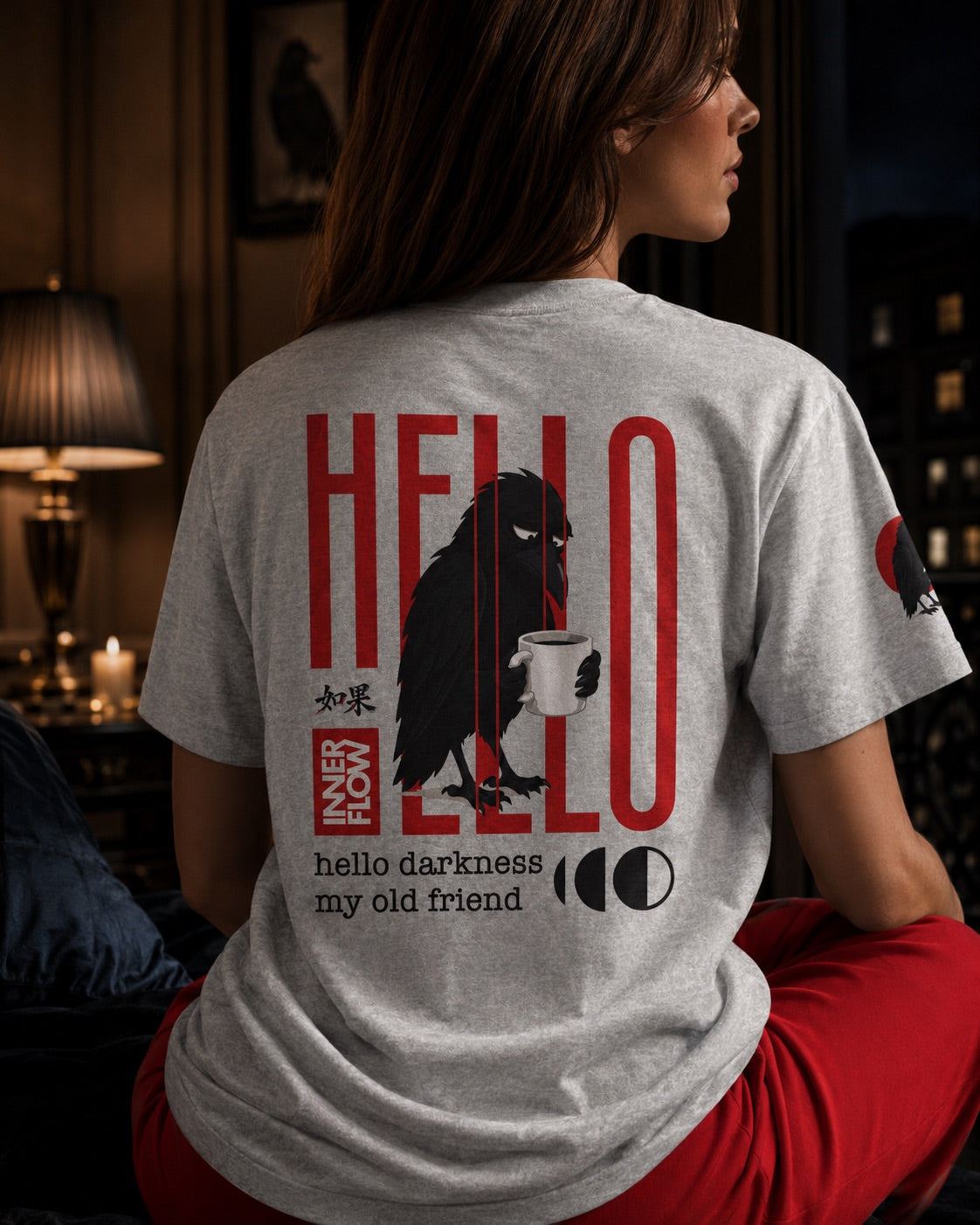 Hello Darkness Crow T-Shirt | Inner Flow Graphic Tee, Gothic Coffee Design