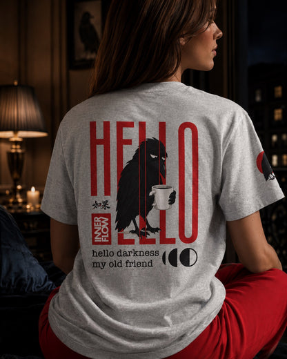 Hello Darkness Crow T-Shirt | Inner Flow Graphic Tee, Gothic Coffee Design