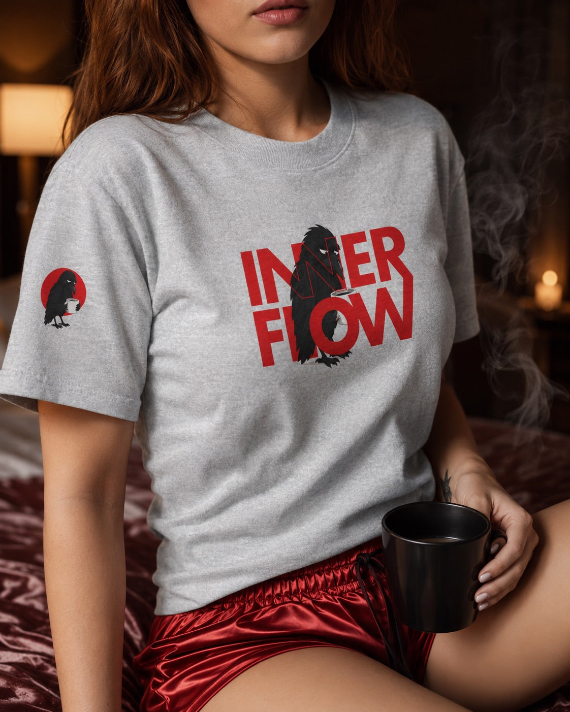 Hello Darkness Crow T-Shirt | Inner Flow Graphic Tee, Gothic Coffee Design