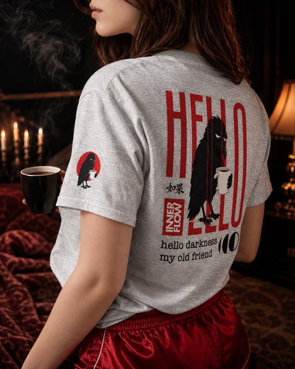 Hello Darkness Crow T-Shirt | Inner Flow Graphic Tee, Gothic Coffee Design