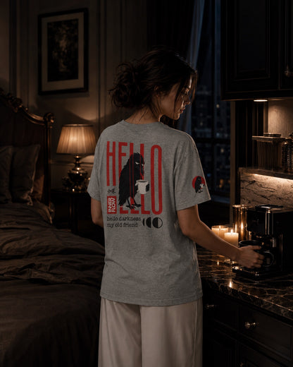 Hello Darkness Crow T-Shirt | Inner Flow Graphic Tee, Gothic Coffee Design