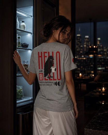 Hello Darkness Crow T-Shirt | Inner Flow Graphic Tee, Gothic Coffee Design