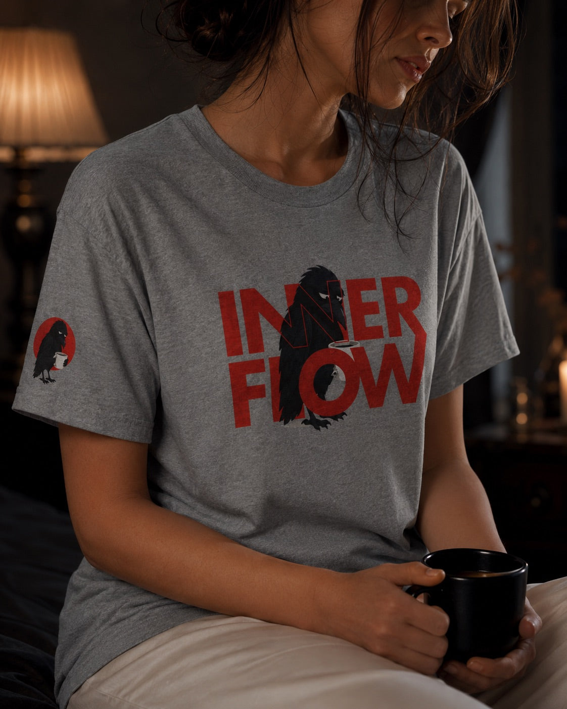 Hello Darkness Crow T-Shirt | Inner Flow Graphic Tee, Gothic Coffee Design