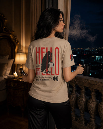 Hello Darkness Crow T-Shirt | Inner Flow Graphic Tee, Gothic Coffee Design