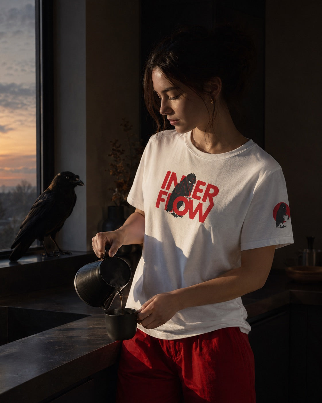 Hello Darkness Crow T-Shirt | Inner Flow Graphic Tee, Gothic Coffee Design