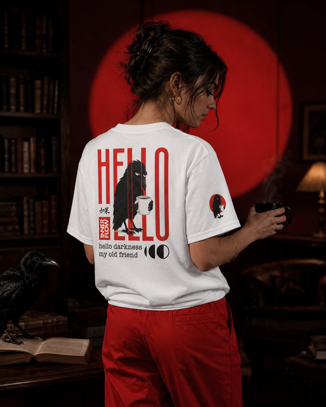 Hello Darkness Crow T-Shirt | Inner Flow Graphic Tee, Gothic Coffee Design