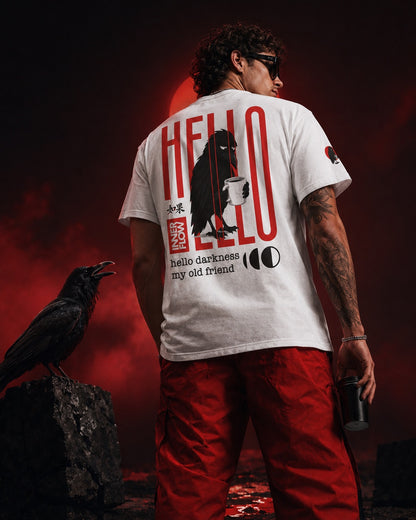 Hello Darkness Crow T-Shirt | Inner Flow Graphic Tee, Gothic Coffee Design