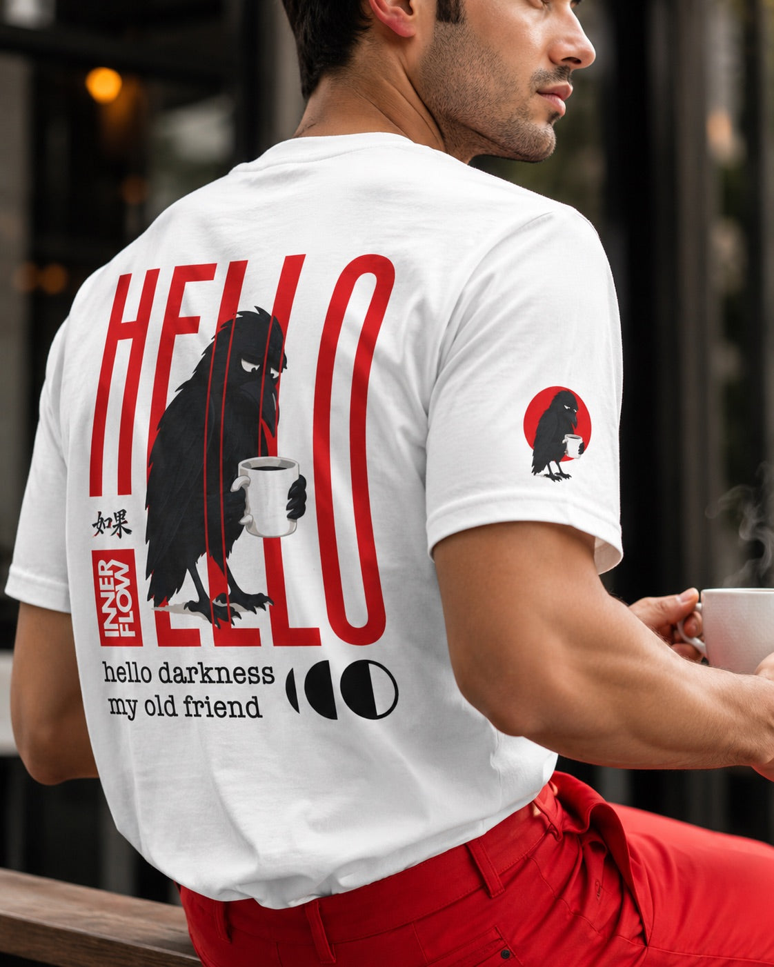 Hello Darkness Crow T-Shirt | Inner Flow Graphic Tee, Gothic Coffee Design