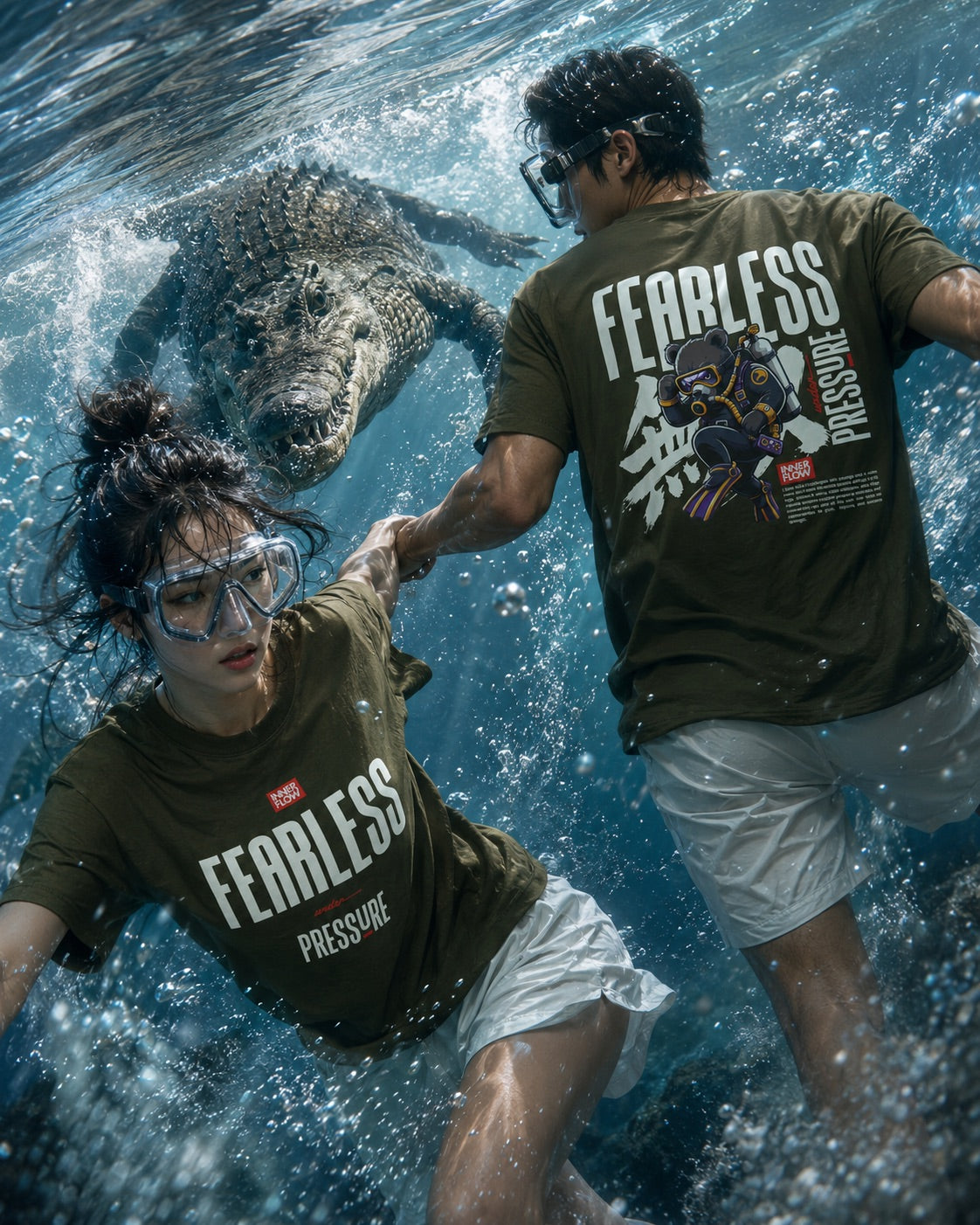 Fearless Pressure scuba diver graphic T-Shirt | Japanese kanji streetwear (Dark Colour)