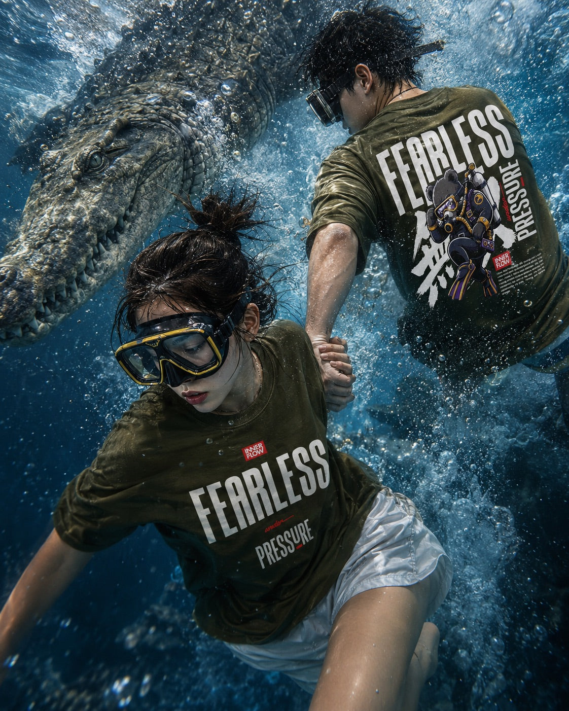 Fearless Pressure scuba diver graphic T-Shirt | Japanese kanji streetwear (Dark Colour)