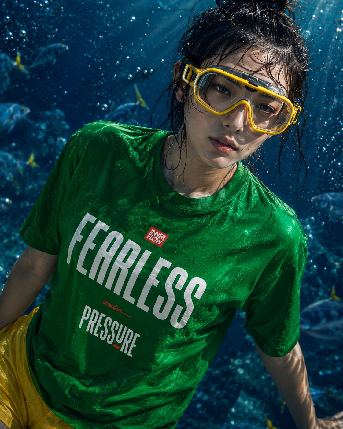 Fearless Pressure scuba diver graphic T-Shirt | Japanese kanji streetwear (Dark Colour)