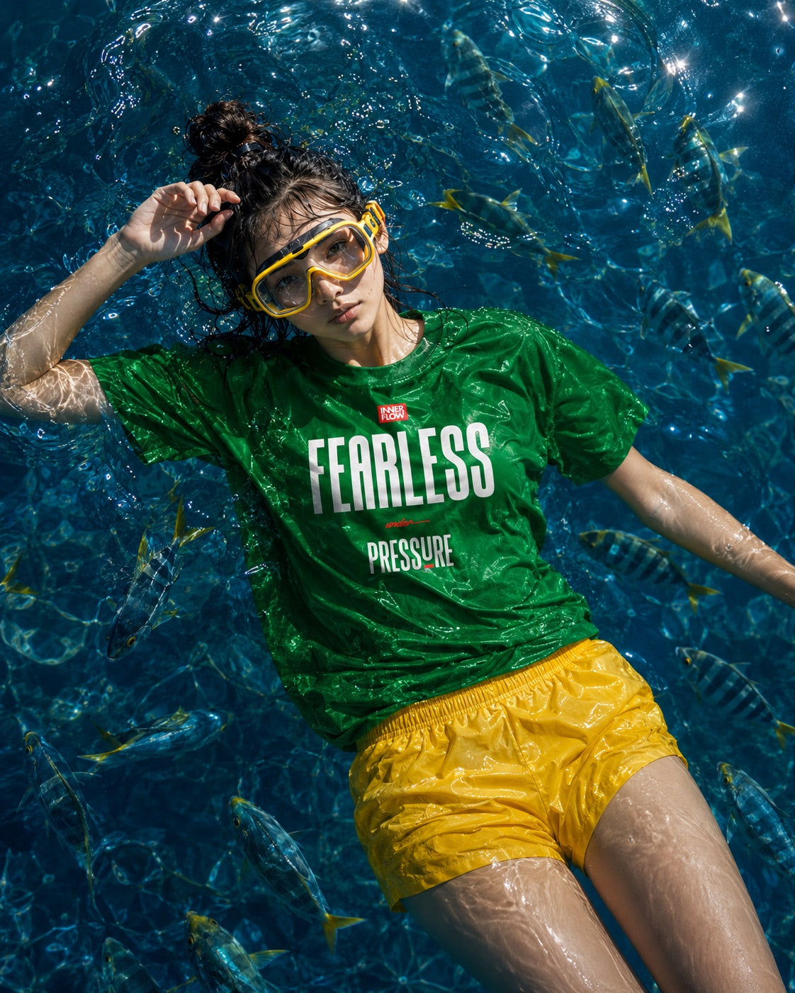 Fearless Pressure scuba diver graphic T-Shirt | Japanese kanji streetwear (Dark Colour)