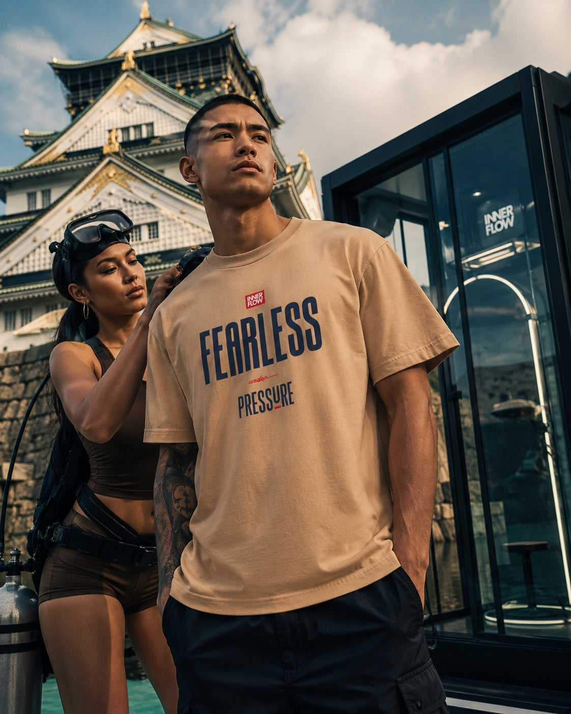 Fearless Pressure scuba diver graphic T-Shirt | Japanese kanji streetwear