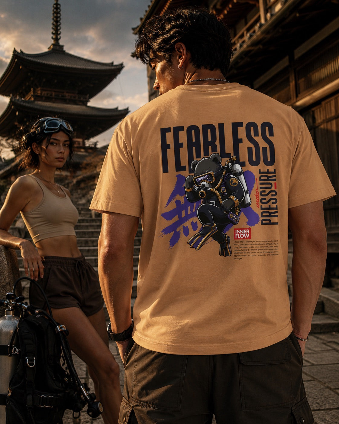 Fearless Pressure scuba diver graphic T-Shirt | Japanese kanji streetwear