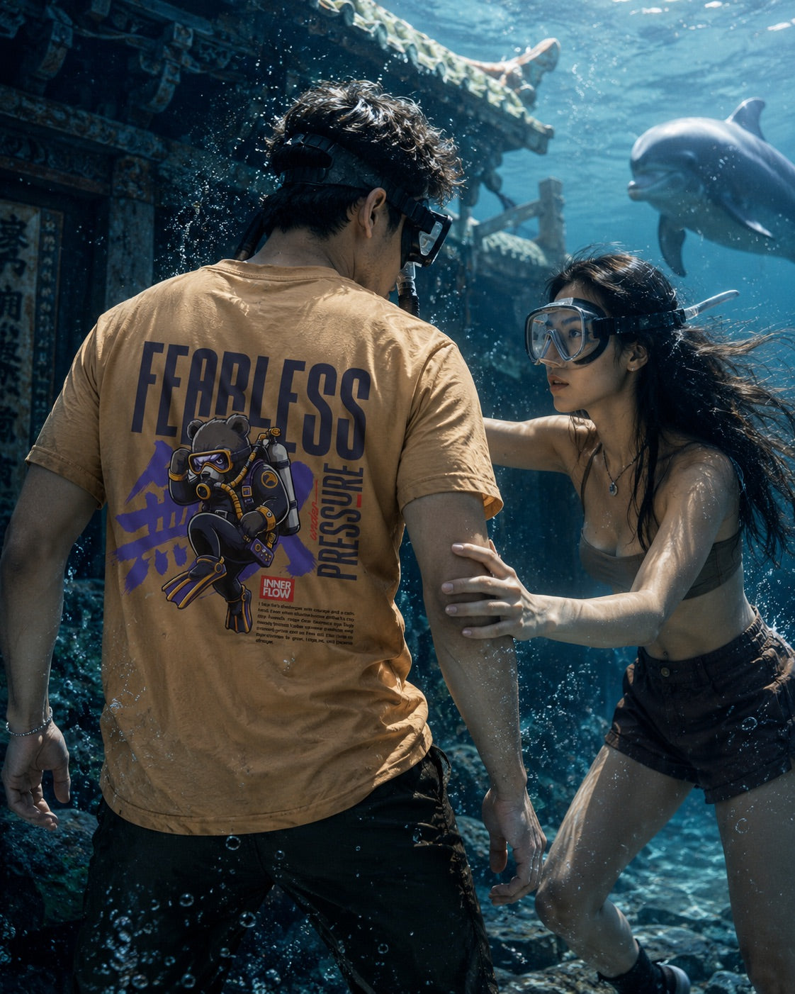 Fearless Pressure scuba diver graphic T-Shirt | Japanese kanji streetwear