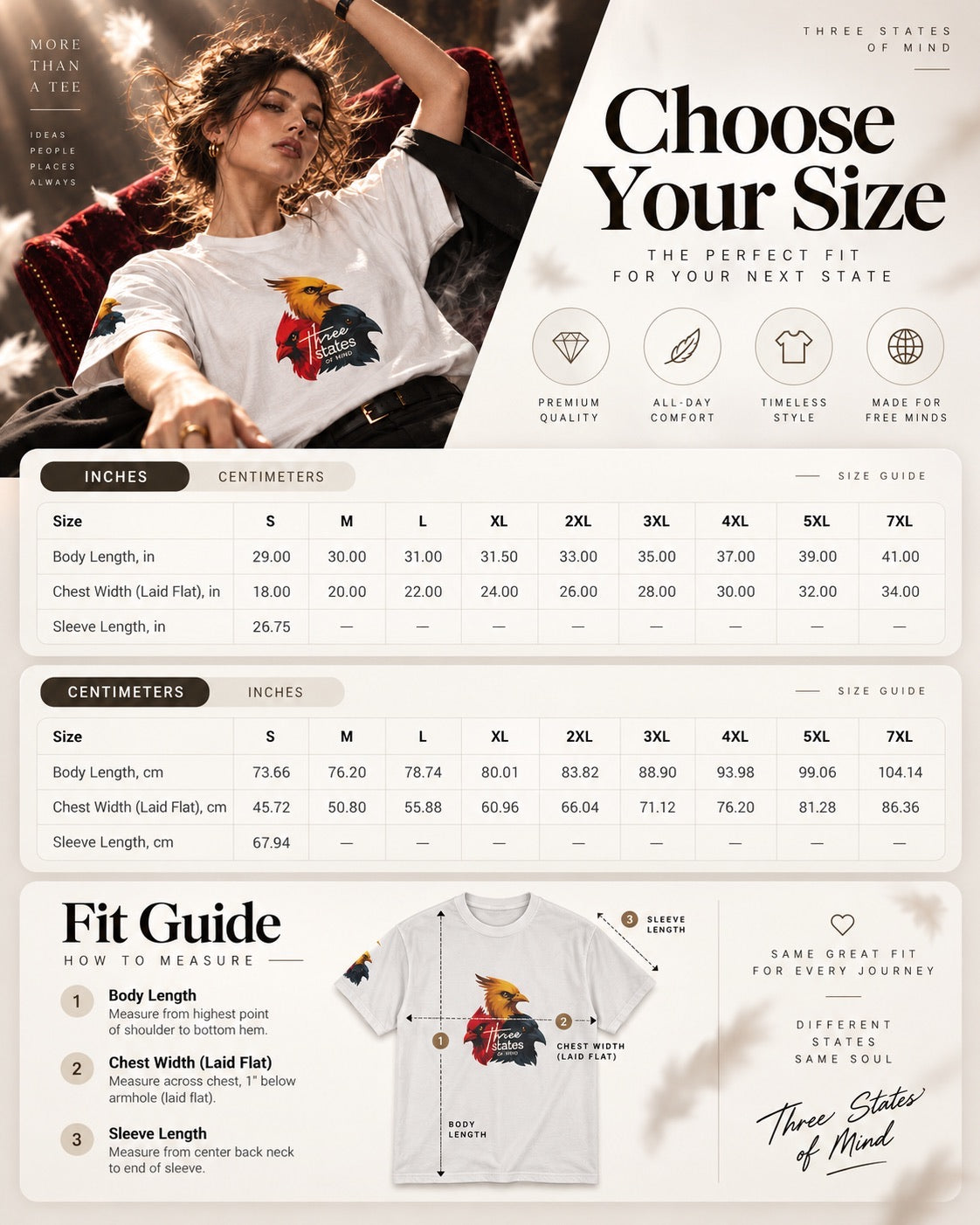 Three States of Mind Cardinals T-Shirt - Size Chart