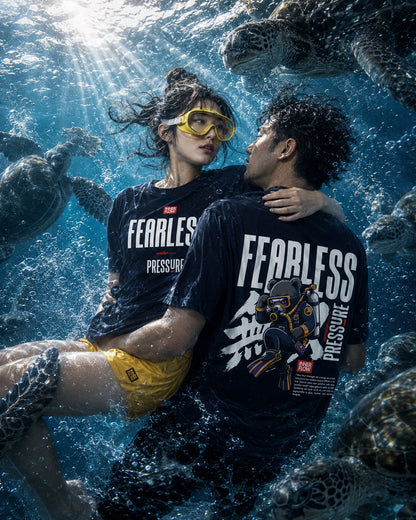 Fearless Pressure scuba diver graphic T-Shirt | Japanese kanji streetwear (Dark Colour)