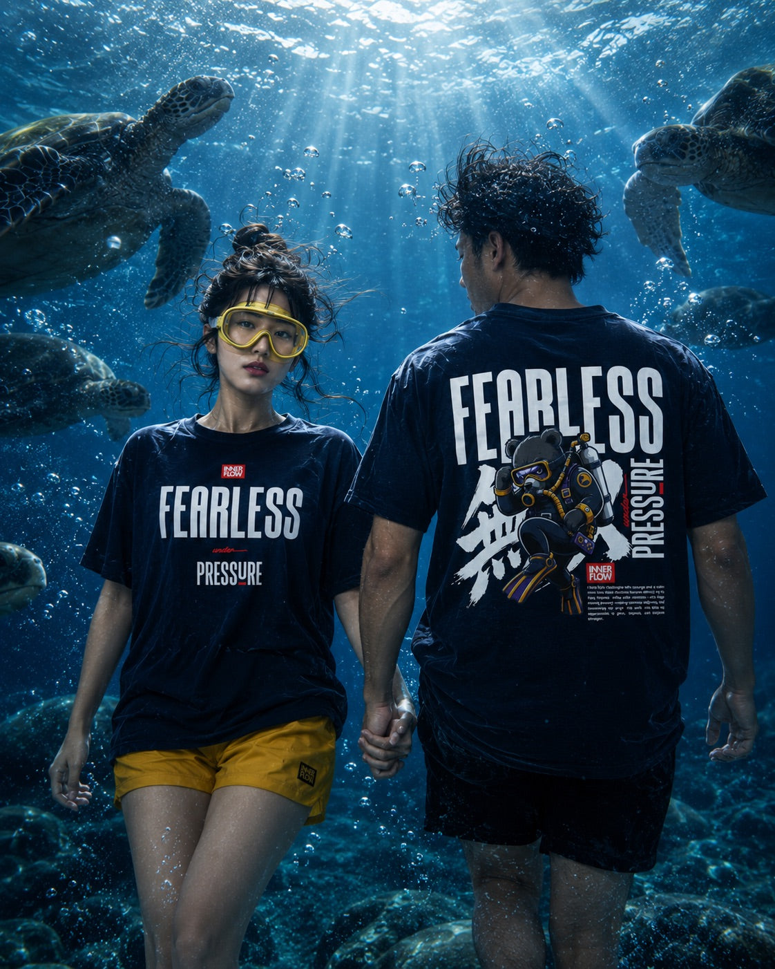 Fearless Pressure scuba diver graphic T-Shirt | Japanese kanji streetwear (Dark Colour)