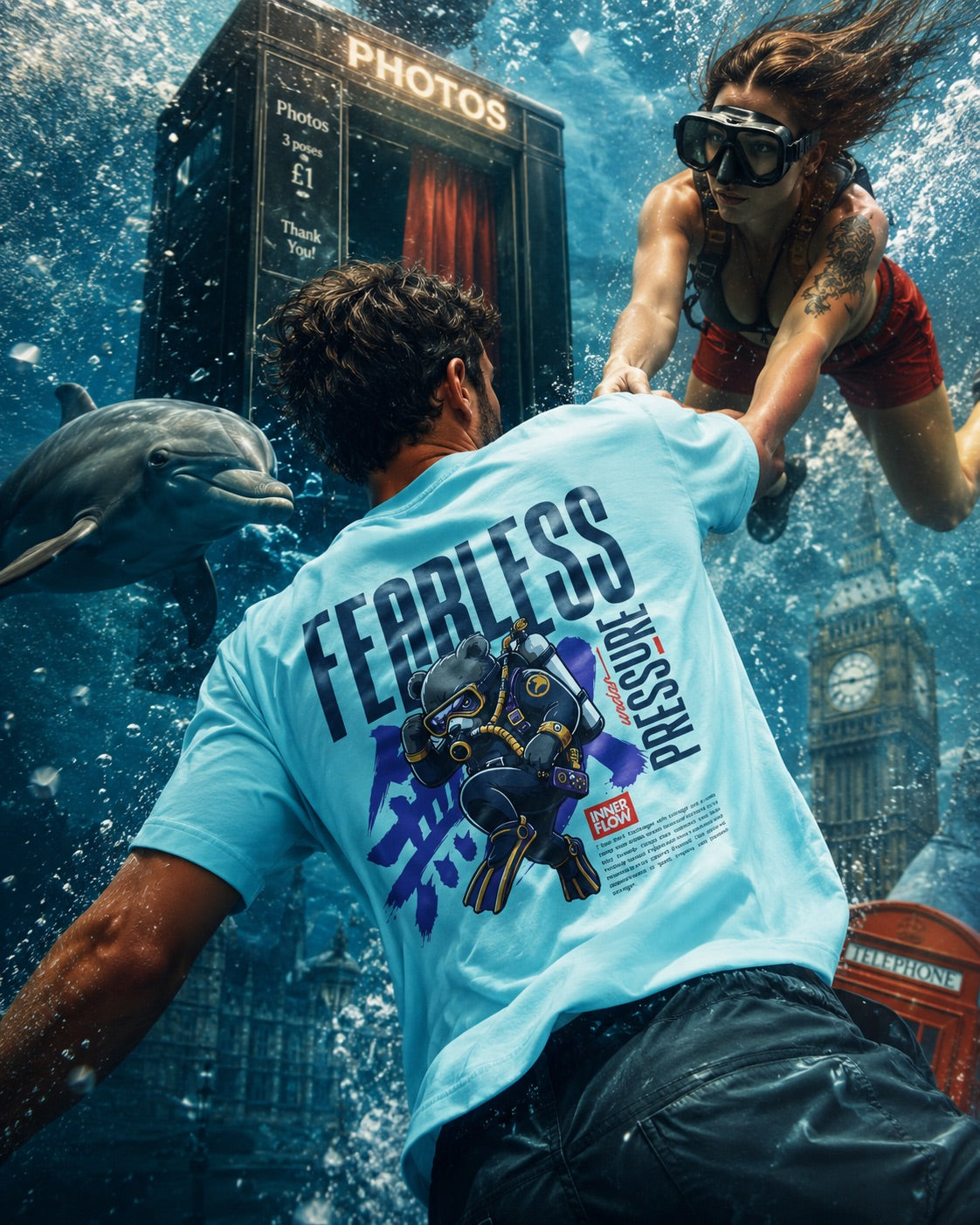 Fearless Pressure scuba diver graphic T-Shirt | Japanese kanji streetwear