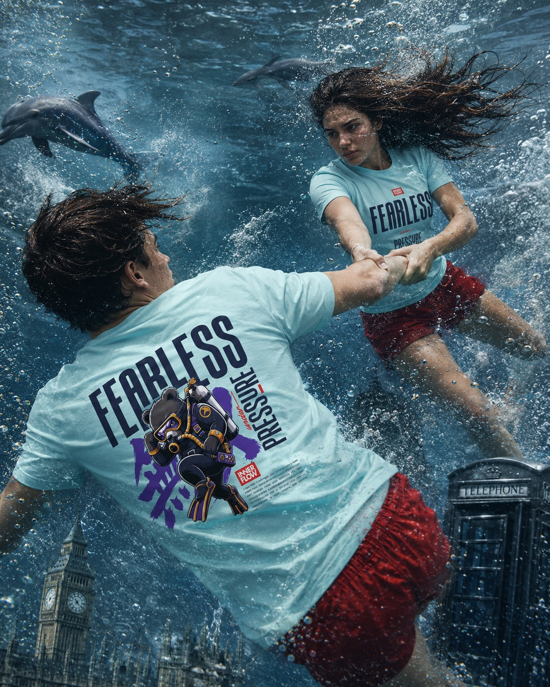Fearless Pressure scuba diver graphic T-Shirt | Japanese kanji streetwear