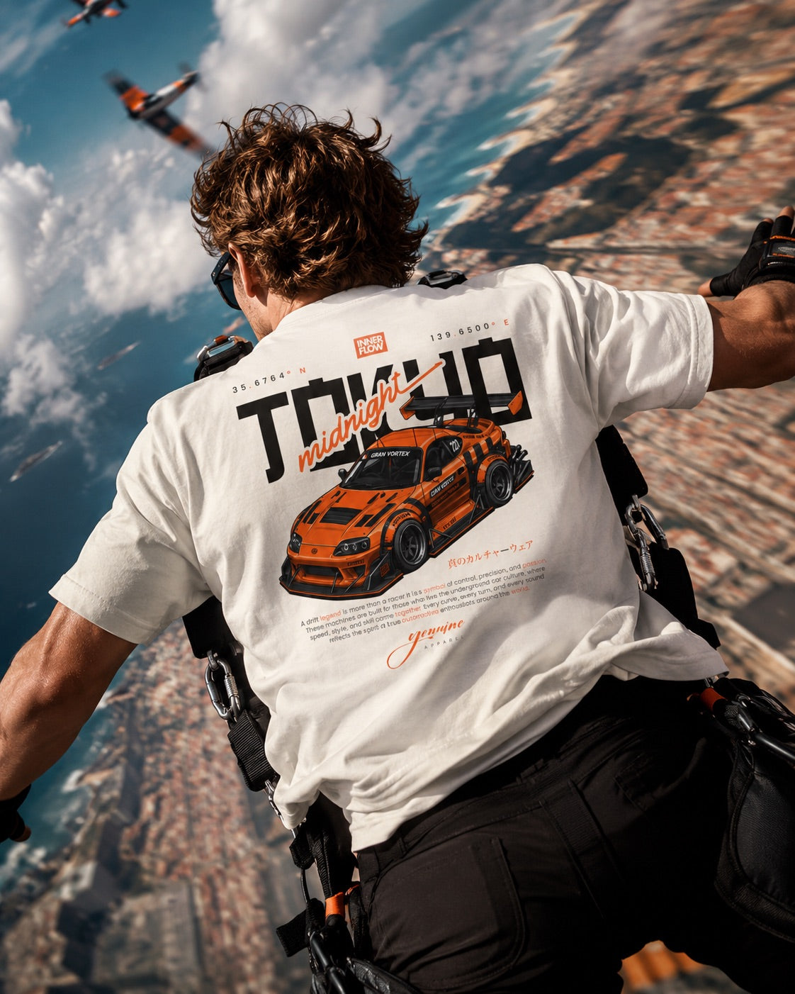 Tokyo Midnight Skyline car tee | Racing Graphic Tee - 240gsm