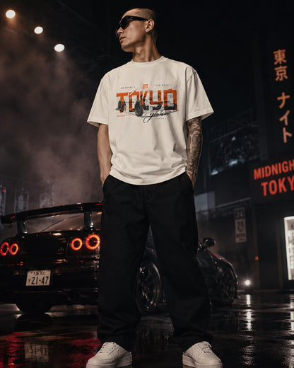 Tokyo Midnight Skyline car tee | Racing Graphic Tee - 240gsm