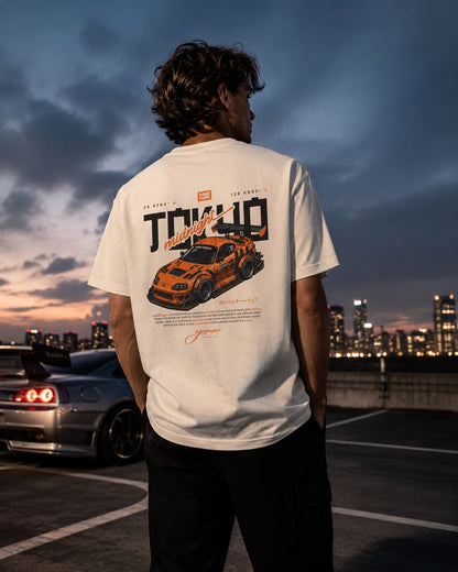 Tokyo Midnight Skyline car tee | Racing Graphic Tee - 240gsm