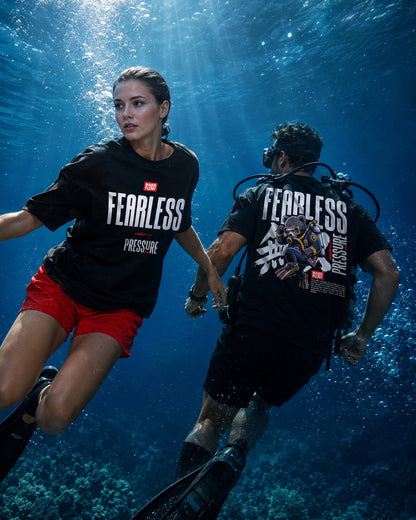 Fearless Pressure scuba diver graphic T-Shirt | Japanese kanji streetwear (Dark Colour)