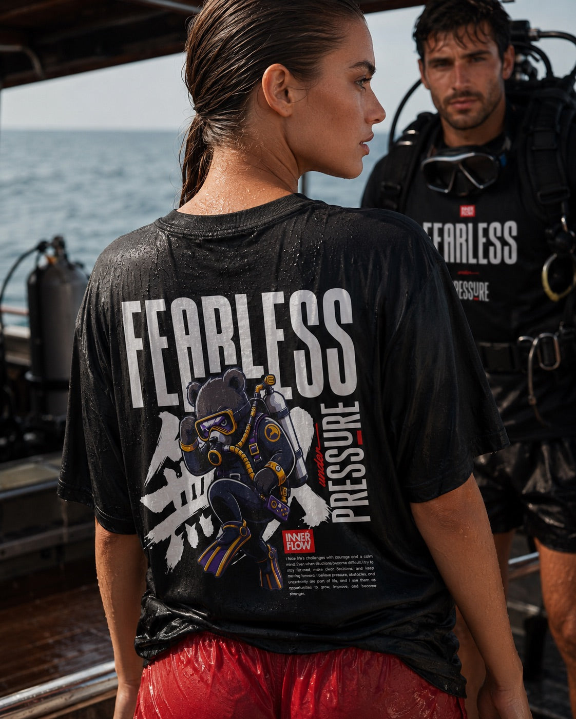 Fearless Pressure scuba diver graphic T-Shirt | Japanese kanji streetwear (Dark Colour)