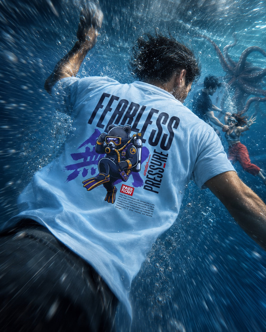 Fearless Pressure scuba diver graphic T-Shirt | Japanese kanji streetwear
