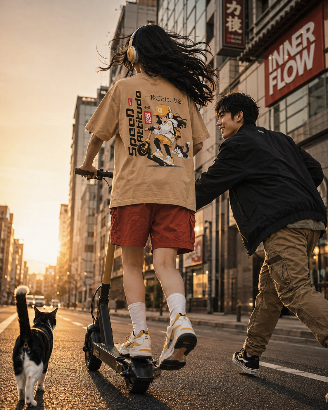 Skate Girl Cat Illustration T-Shirt | Speed Attitude Japanese Style