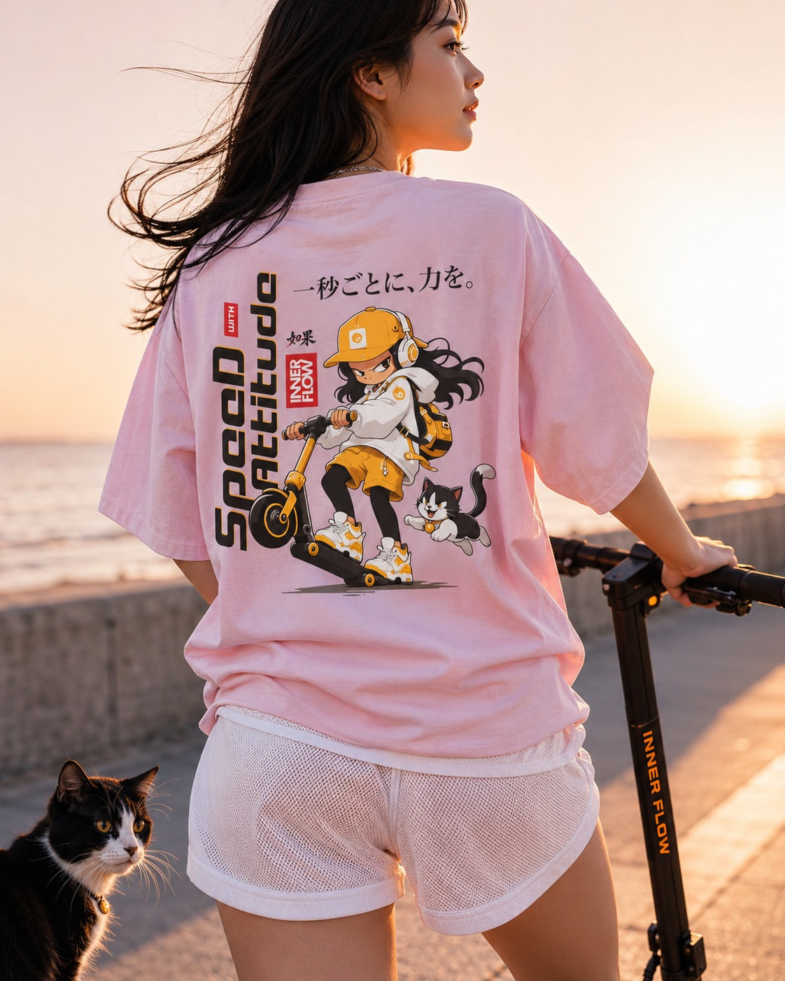 Skate Girl Cat Illustration T-Shirt | Speed Attitude Japanese Style