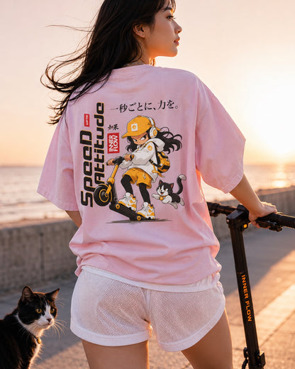 Skate Girl Cat Illustration T-Shirt | Speed Attitude Japanese Style