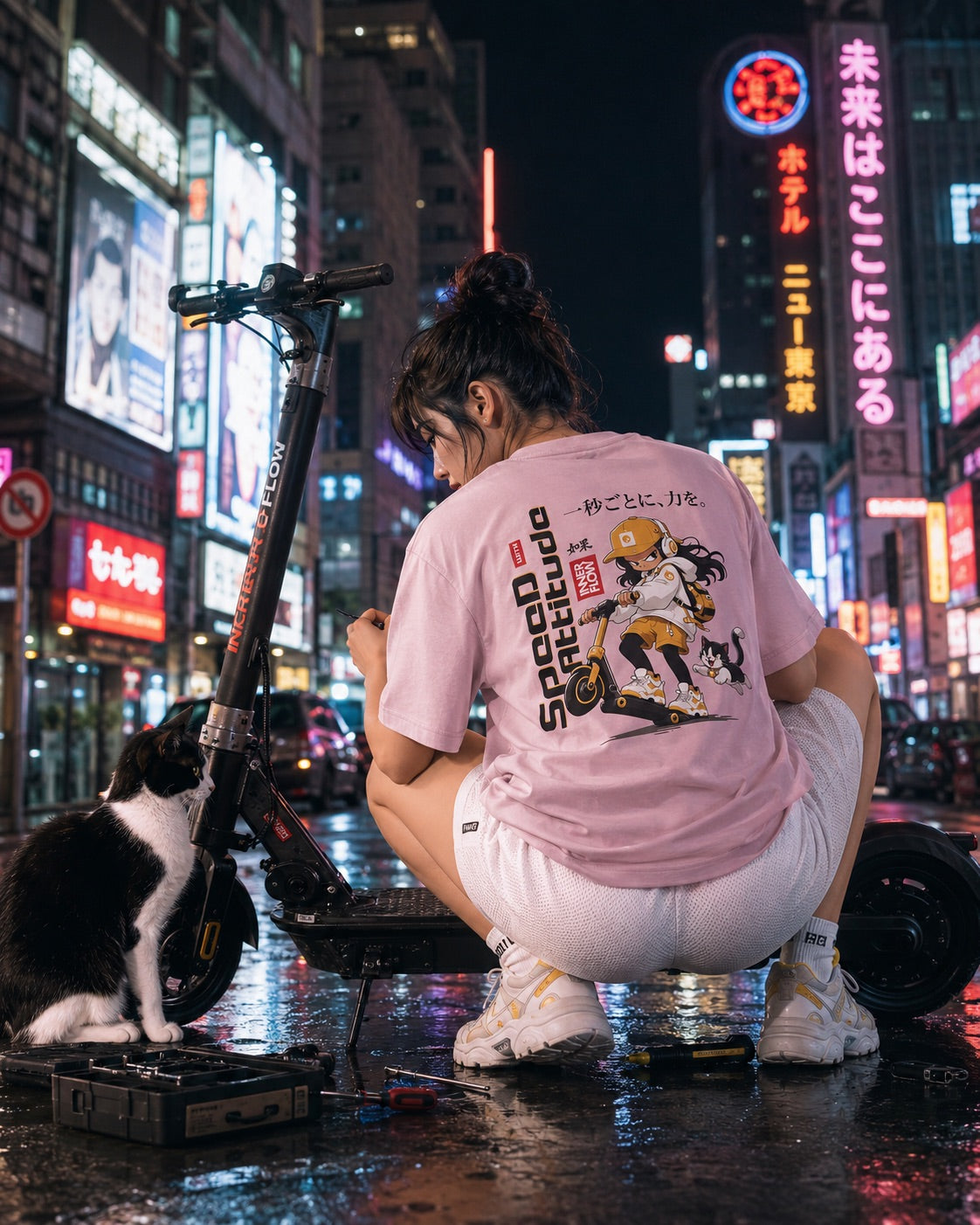 Skate Girl Cat Illustration T-Shirt | Speed Attitude Japanese Style